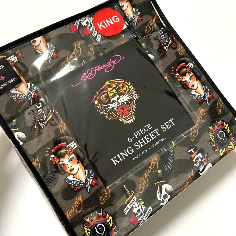 NWT Ed Hardy 6-Piece King Sheet Set Skull Geisha Tattoo Print King Bedding